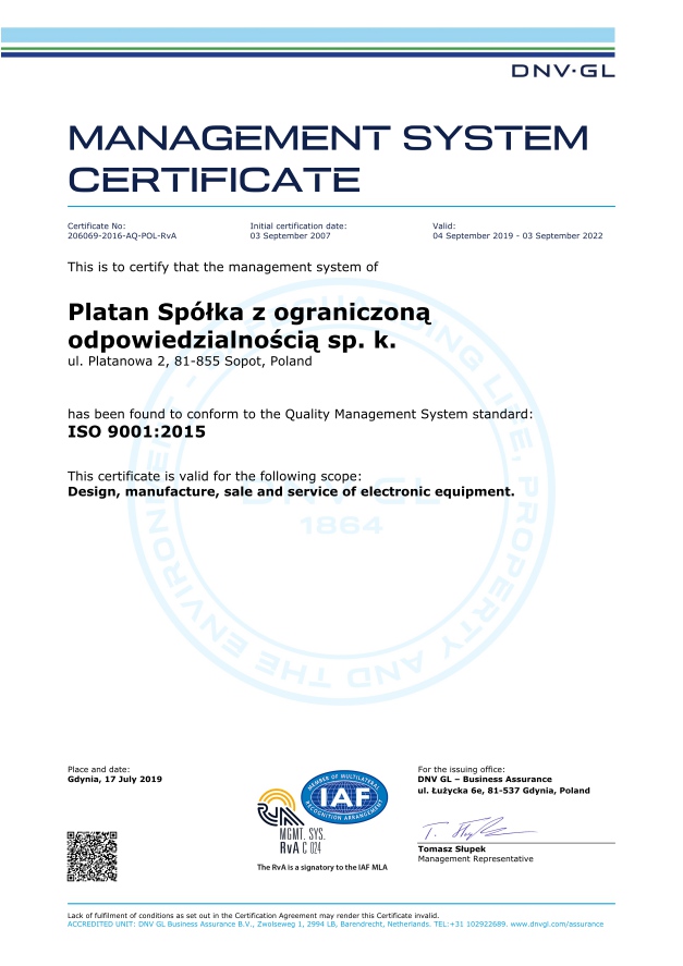 Platan ISO 9001:2015 certificate