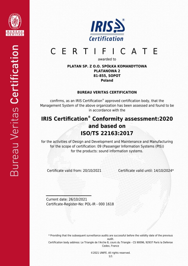 IRIS certificate for Platan company