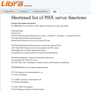 Handy help with current list of PBX server functions in Libra's User Zone 