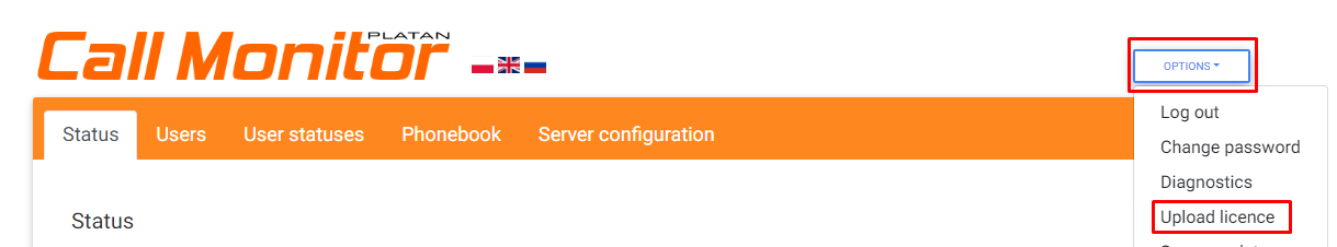 Licence upload in Options of Platan Call Monitor's Administrator panel